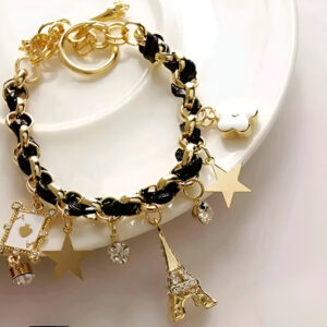 Black & Pink Studded Eiffel Tower Star Charms Adjustable Bracelet