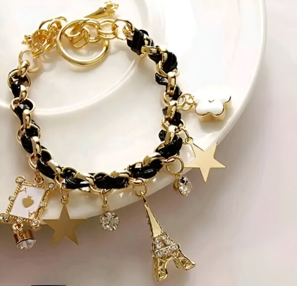 Black & Pink Studded Eiffel Tower Star Charms Adjustable Bracelet