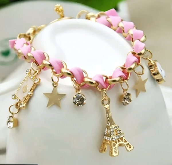 Black & Pink Studded Eiffel Tower Star Charms Adjustable Bracelet - Image 8