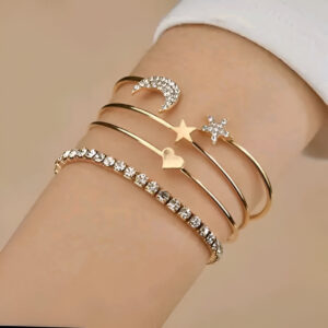 American Diamond Star & Moon Design Gold Plated Bracelet - Pack Of 4