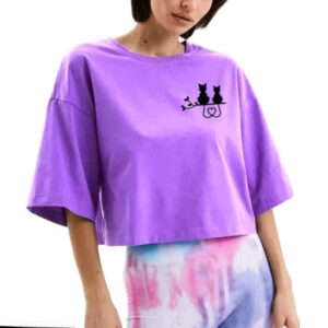 Women's Happy Cat Print Lavender Round Neck Half Sleeve Crop T Shirt For Girls/Women's