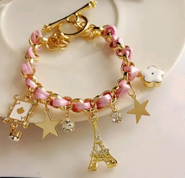 Black & Pink Studded Eiffel Tower Star Charms Adjustable Bracelet - Image 2