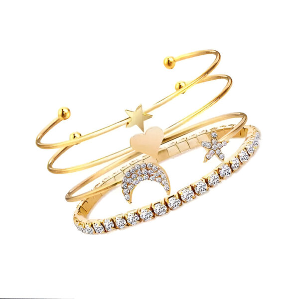 American Diamond Star & Moon Design Gold Plated Bracelet - Pack Of 4 - Image 3