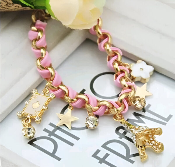 Black & Pink Studded Eiffel Tower Star Charms Adjustable Bracelet - Image 7
