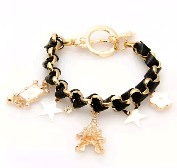 Black & Pink Studded Eiffel Tower Star Charms Adjustable Bracelet - Image 5