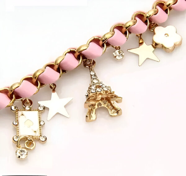 Black & Pink Studded Eiffel Tower Star Charms Adjustable Bracelet - Image 3