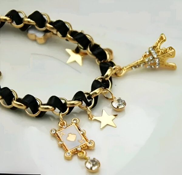 Black & Pink Studded Eiffel Tower Star Charms Adjustable Bracelet - Image 6