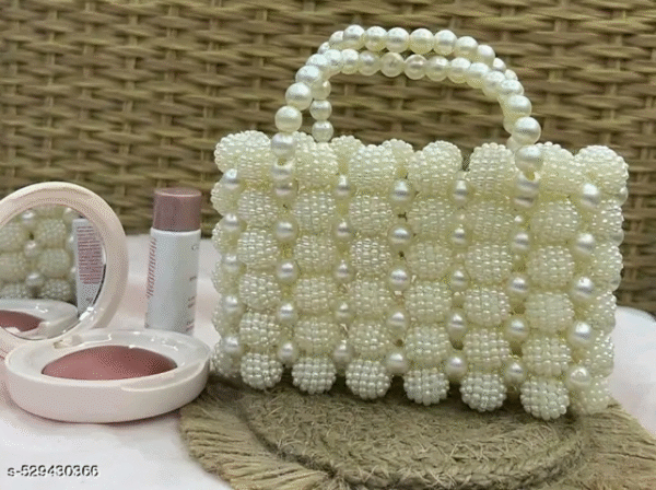 khushiana Trendy Pearl Beaded Handbag – White Clutch