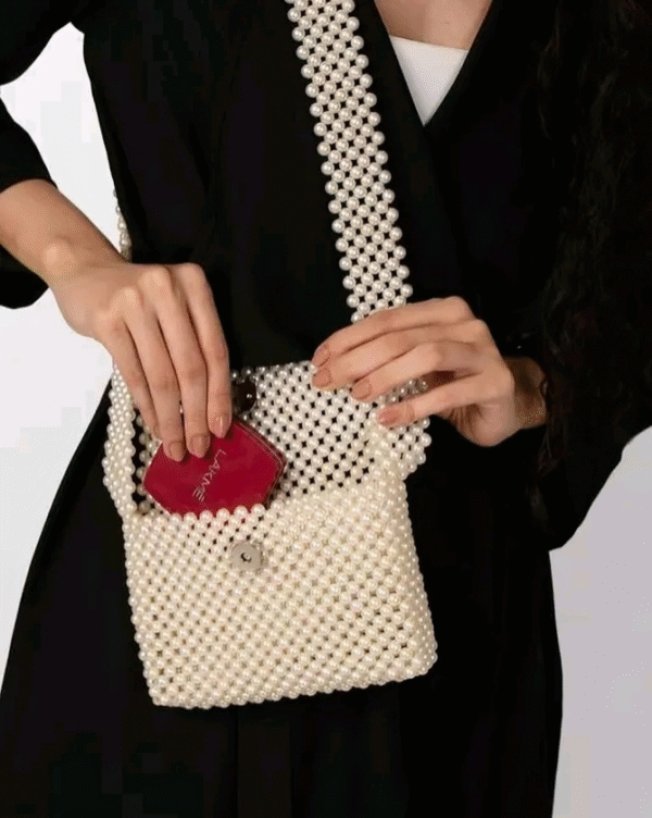 khushiana Trendy Pearl Beaded Handbag – White Clutch - Image 2