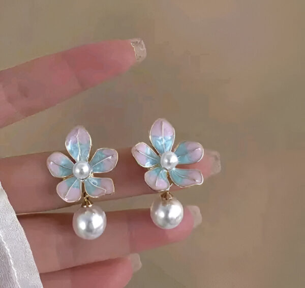 Floral Drop Earrings with Pearl, Pink and Turquoise Enamel, Gold-Plated - Image 4