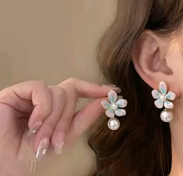 Floral Drop Earrings with Pearl, Pink and Turquoise Enamel, Gold-Plated - Image 3
