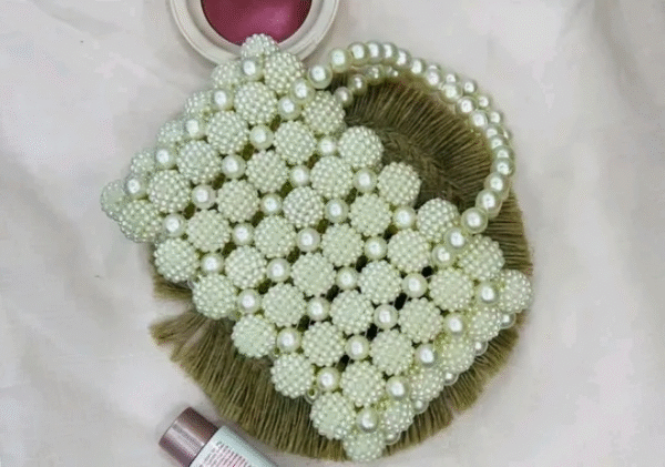 khushiana Trendy Pearl Beaded Handbag – White Clutch - Image 2