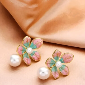 Floral Drop Earrings with Pearl, Pink and Turquoise Enamel, Gold-Plated