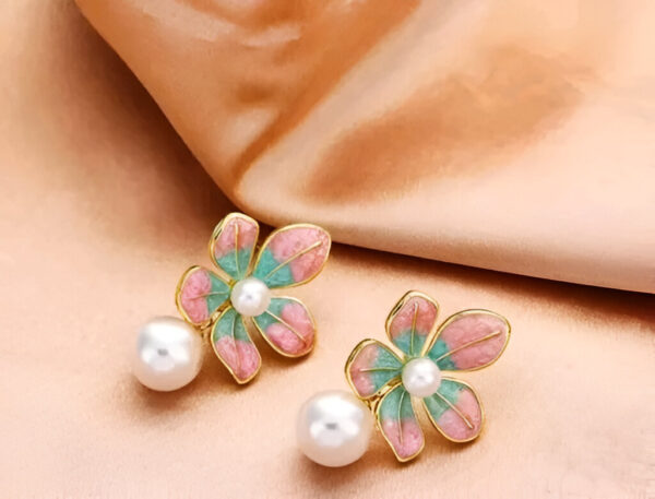 Floral Drop Earrings with Pearl, Pink and Turquoise Enamel, Gold-Plated