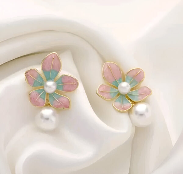 Floral Drop Earrings with Pearl, Pink and Turquoise Enamel, Gold-Plated - Image 2